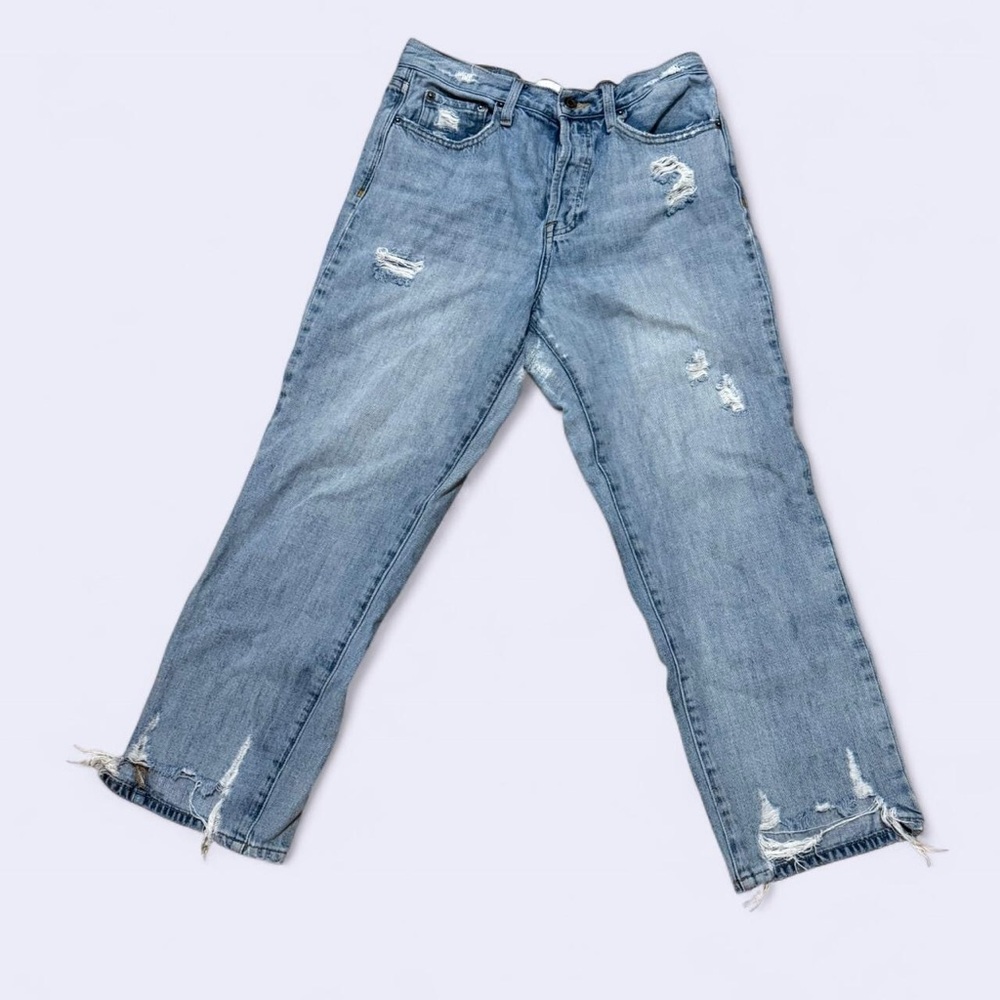 Pistola Distressed Cropped Straight Jeans Light Wash Raw Hem Size 28